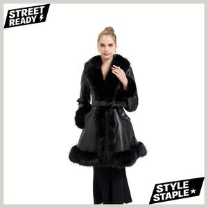 Faux Leather Peplum Parka with Faux Fur Collar, Slim Fit Winter Coat
